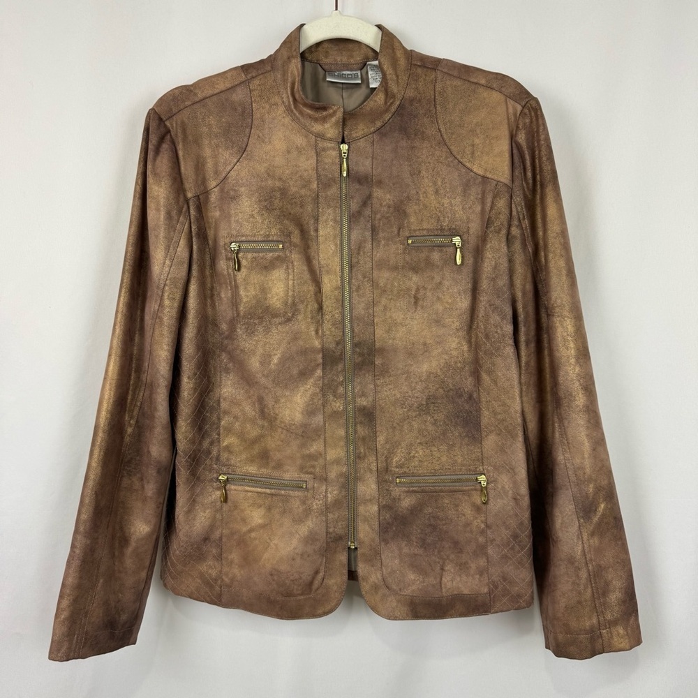Chico's Full-Zip Moto Jacket Lined Brown Faux Leather Sz 1 US Sz M Mock Neck NEW